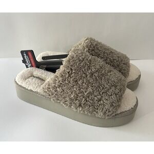 Dearfoams Women's Size Md 7-8 Tan Fluffy Platform Terry Slide Slippers New